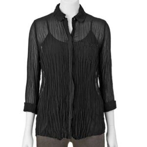 ROCK & REPUBLIC Chiffon Crinkle Top Black Pleated Studs Long Sleeve Button Down